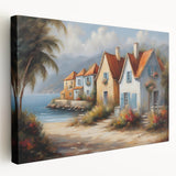 Large art print of architectural houses in muted earth tones on stretched canvas, suitable for kitchen wall art.