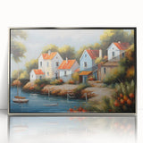Mid-century modernist art featuring geometric houses in muted earth tones on a framed acrylic print.