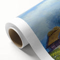 Art Deco poster featuring stylized houses in muted earth tones on rolled canvas.