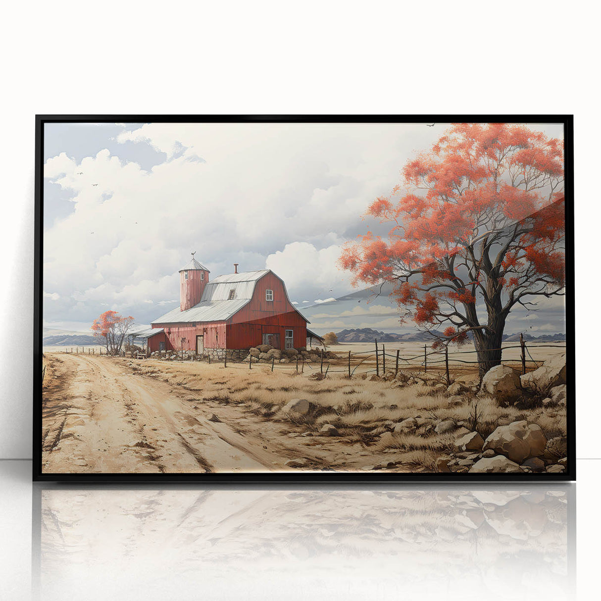 Large abstract wall art featuring geometric shapes in muted earth tones, framed in black acrylic.