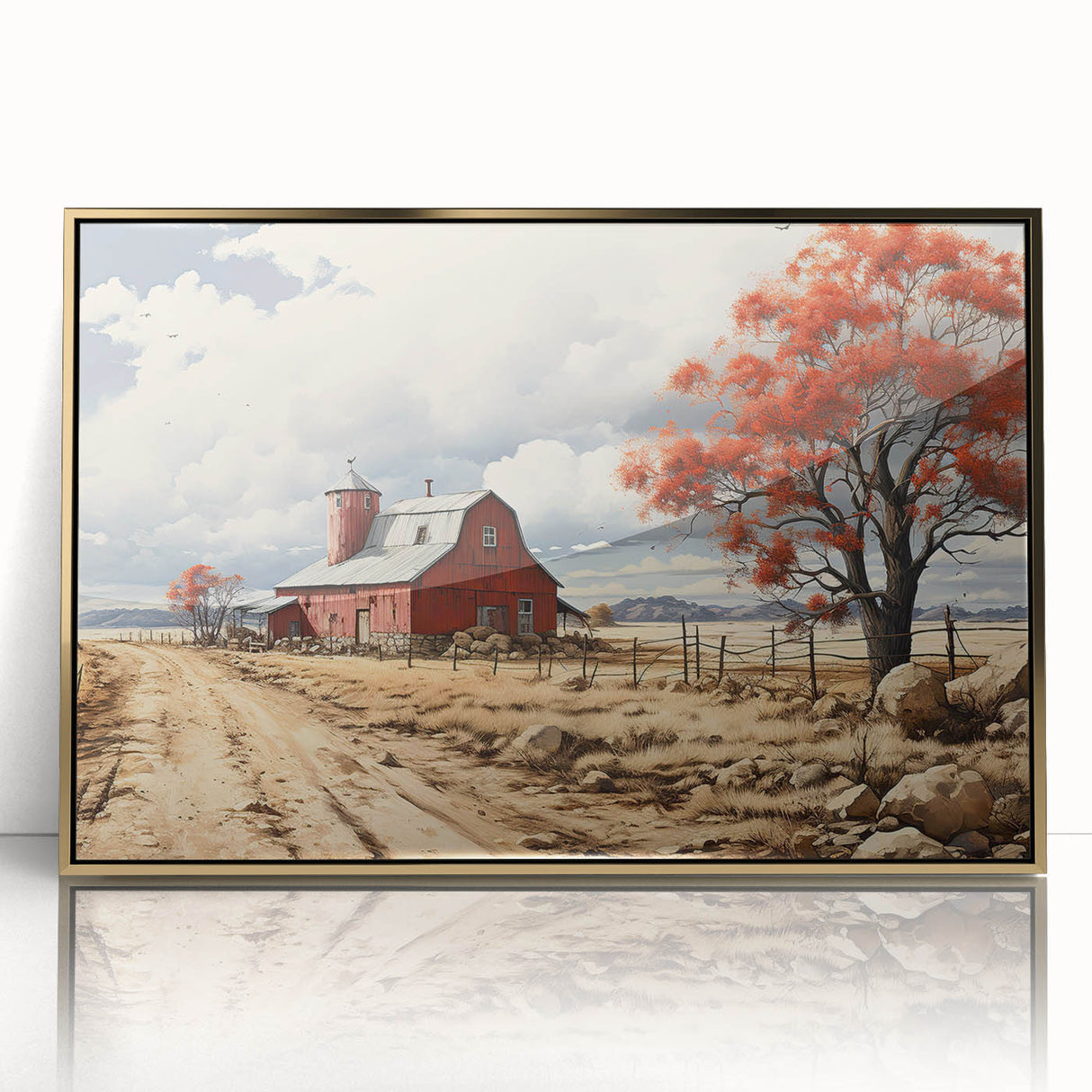 Mid-century modernist art of geometric houses in muted earth tones on a framed acrylic print.