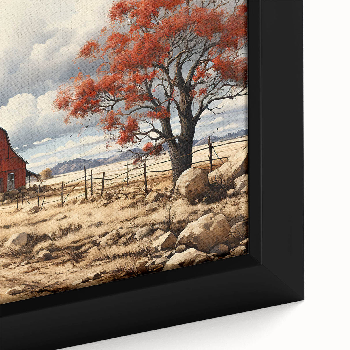 Extra large framed canvas featuring textured, colorful art of abstract houses in black dominant tones.
