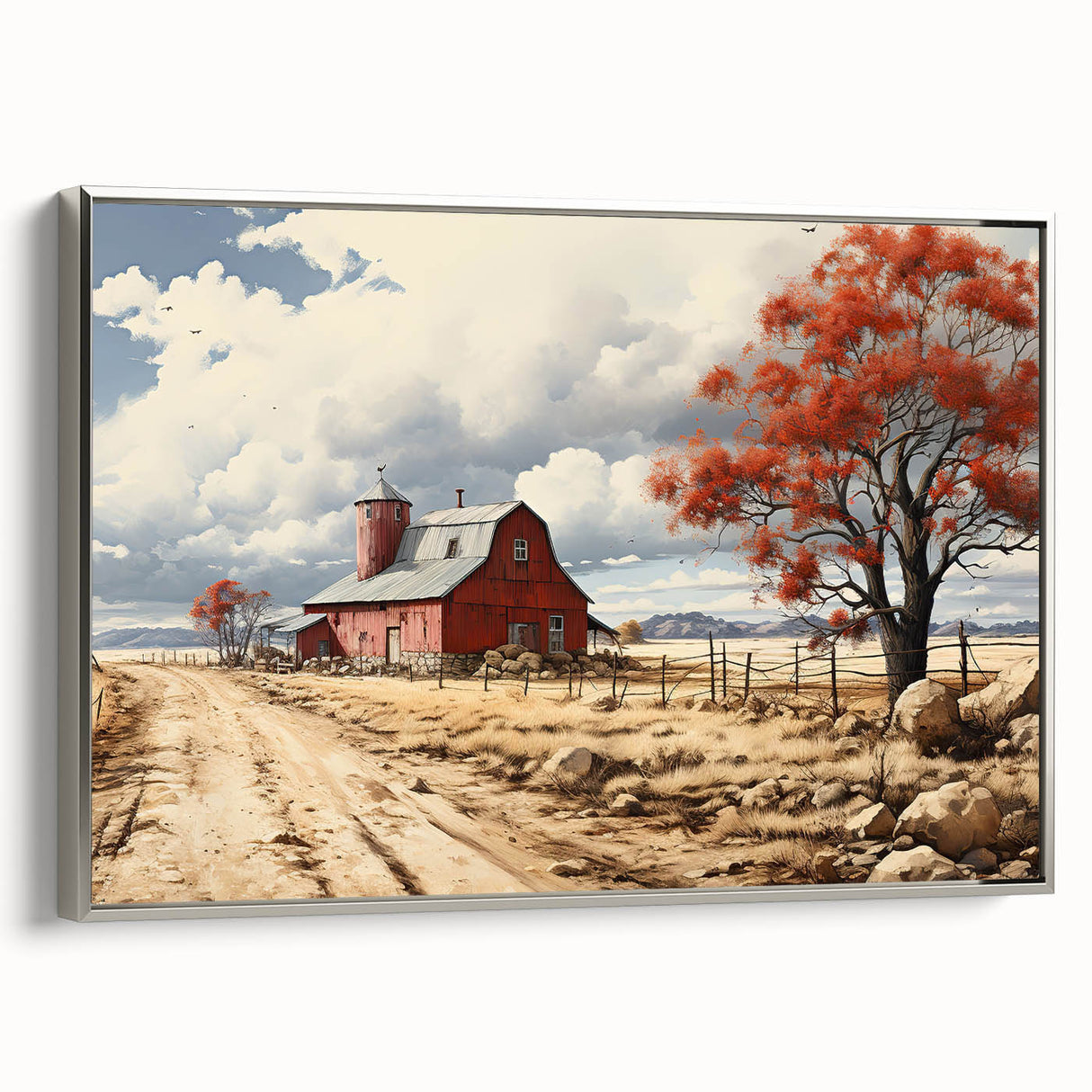 Framed canvas depicting a colorful vintage landscape art painting with black detailing, ideal for living room decor.