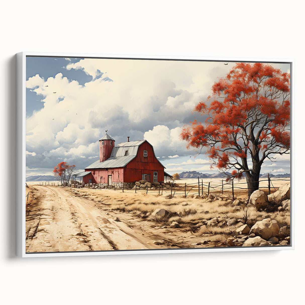 Vintage poster art of colorful, stylized houses on a large framed canvas, ideal for living room decor.