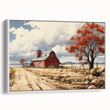 Vintage poster art of colorful, stylized houses on a large framed canvas, ideal for living room decor.