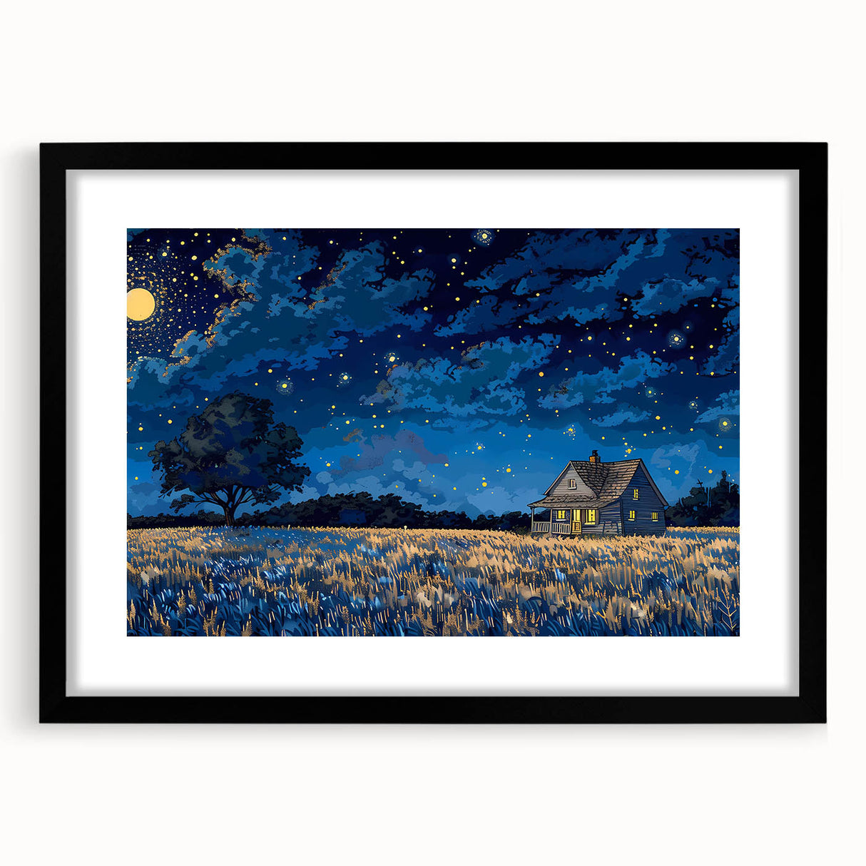 Extra large abstract art print featuring colorful, textured houses, framed in black, ideal for living room decor.