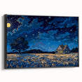 Black and white framed canvas featuring a vintage poster art style landscape with houses, ideal for bedroom wall decor.