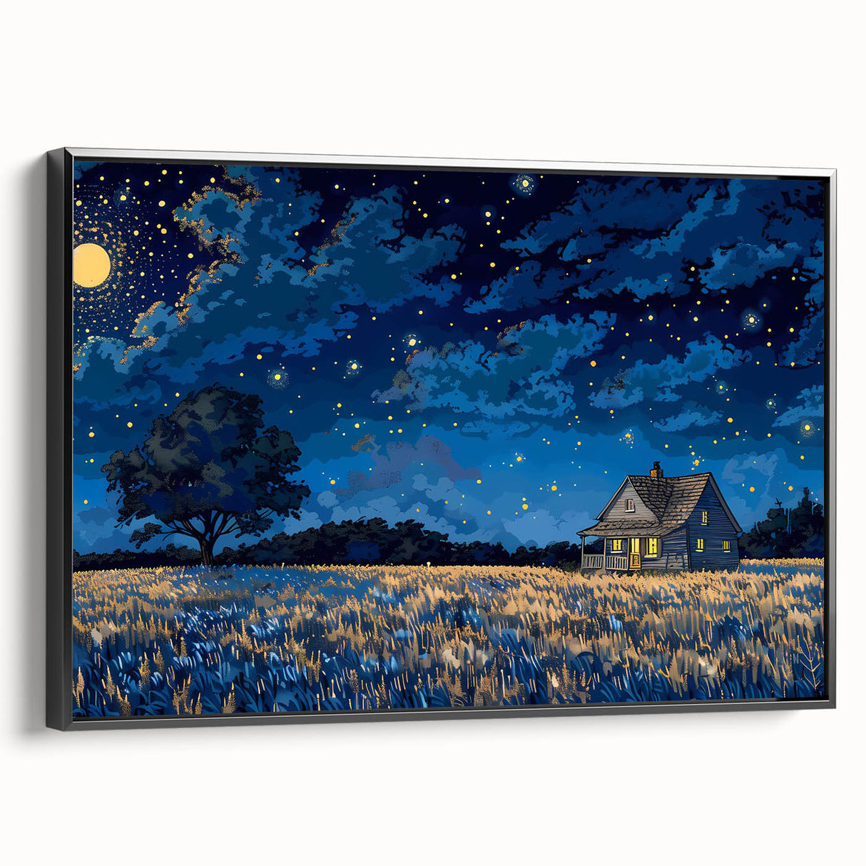 Black and white framed canvas featuring a vintage poster art style landscape with houses, ideal for bedroom wall decor.