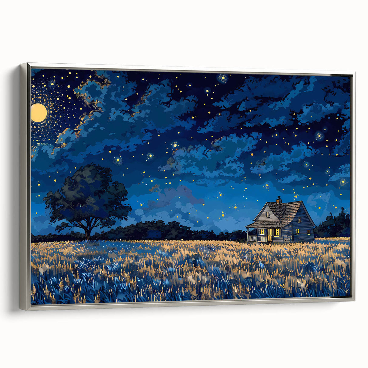 Framed canvas featuring a landscape art painting of colorful houses in a vintage poster style.