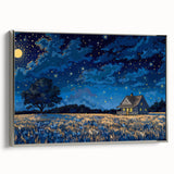 Framed canvas featuring a landscape art painting of colorful houses in a vintage poster style.