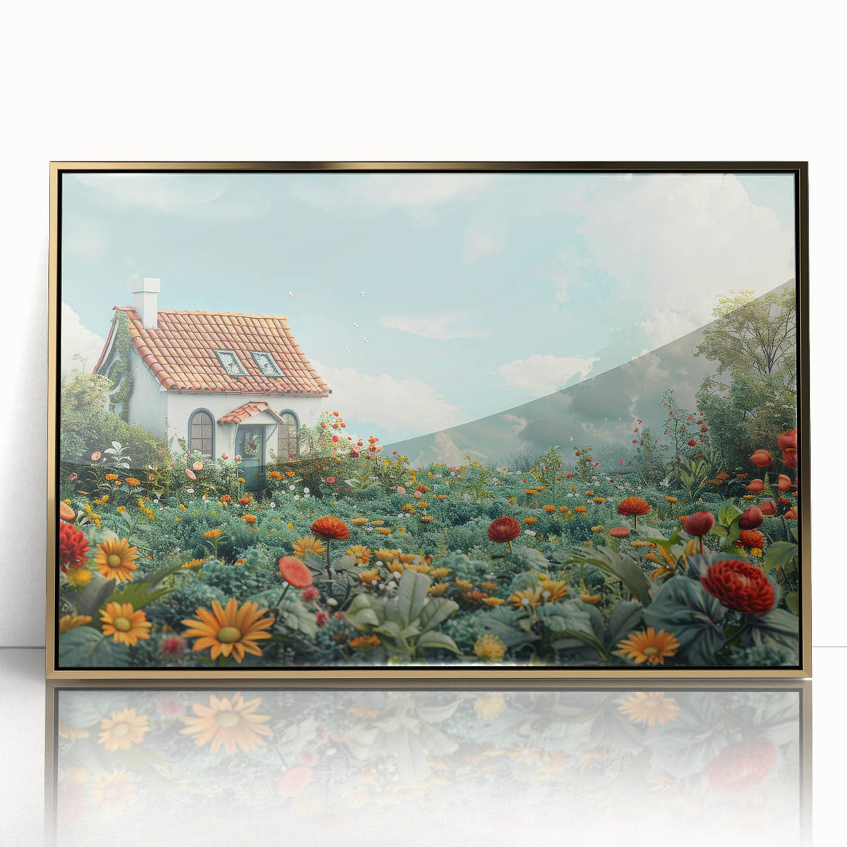 Mid-century modernist art print of architectural houses in muted gold tones on framed acrylic.
