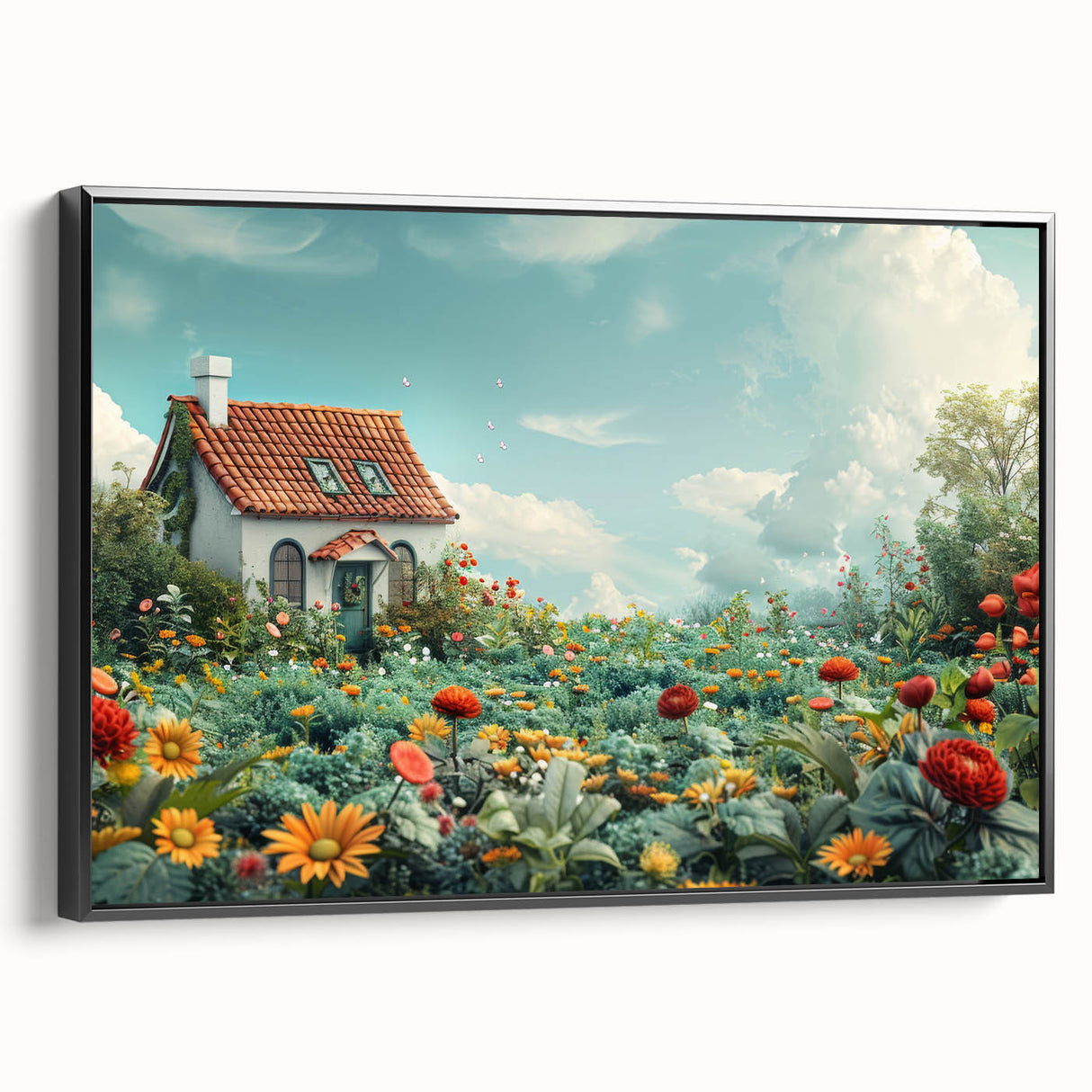 Black and white landscape art painting of vintage-style houses on framed canvas, ideal for bedroom decor.