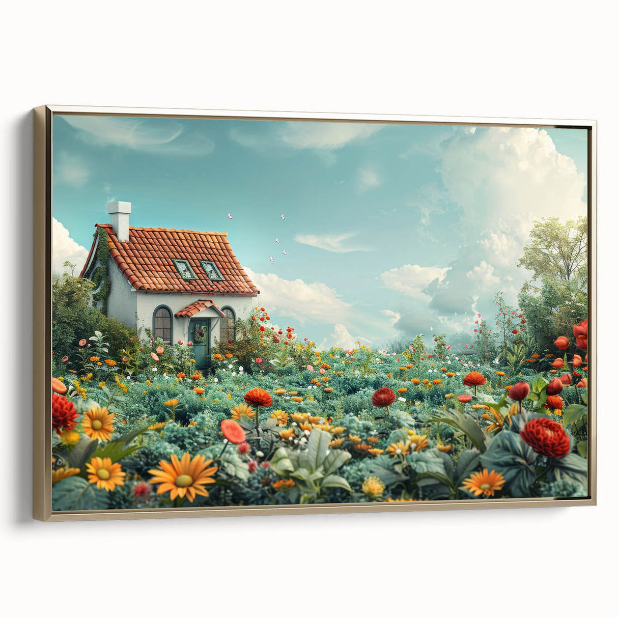 Framed canvas of a vintage-style landscape painting featuring black architectural silhouettes, ideal for bedroom wall art.