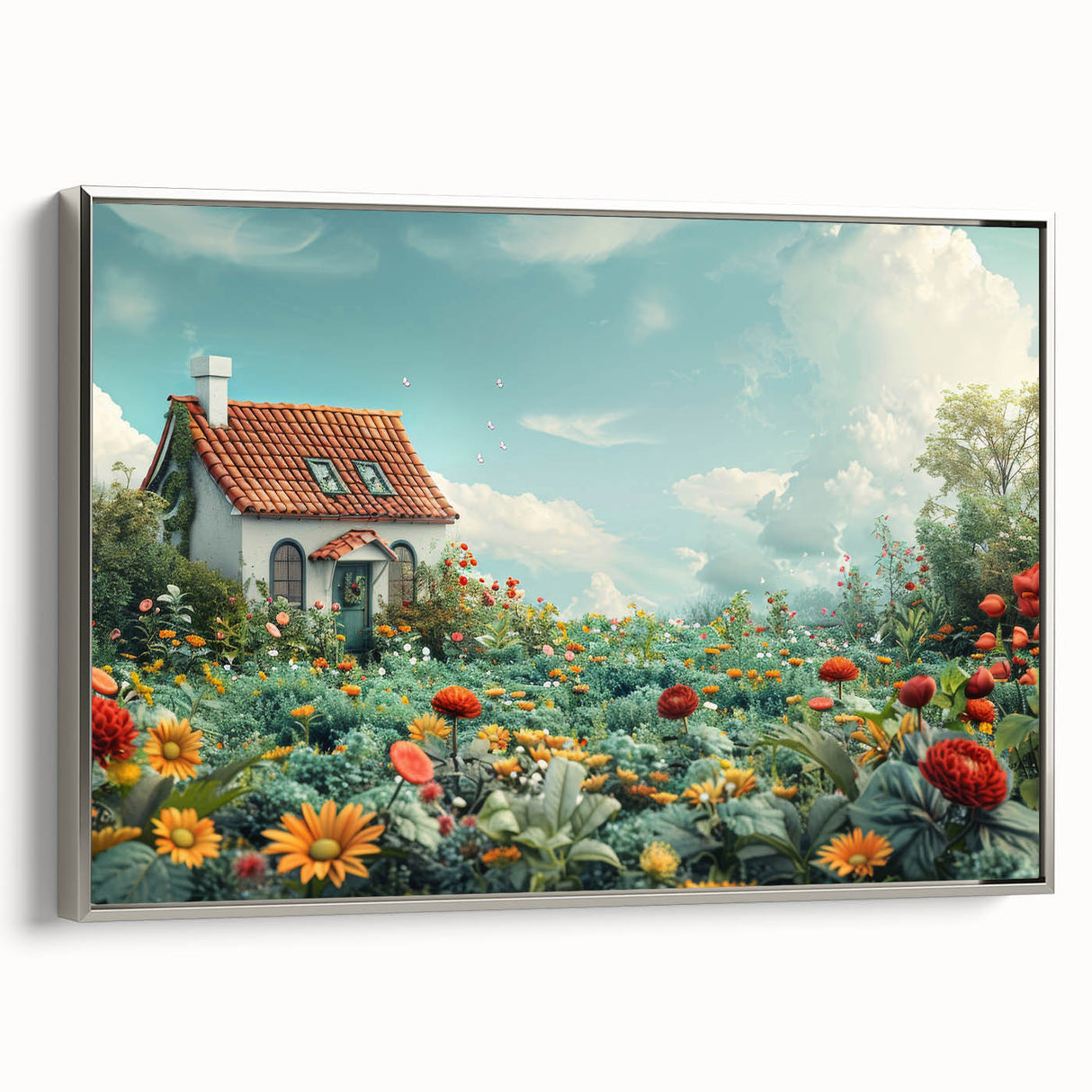 Framed canvas featuring a vintage poster art landscape with colorful houses and a black sky, ideal for modern home decor.