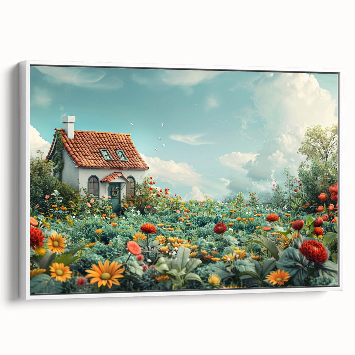 Vintage poster art of colorful, stylized houses on extra large framed canvas, ideal for living room decor.