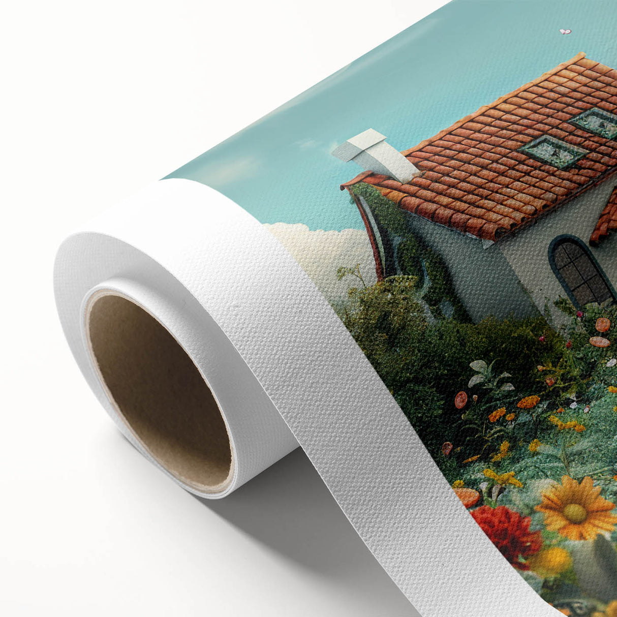 Art Deco poster featuring symmetrical house designs in muted beige and cream on rolled canvas, ideal for nursery wall art.