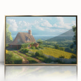 Mid-century modernist art of stylized houses in gold and white tones on acrylic, ideal for nursery wall decor.