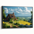 Framed canvas featuring a black and white vintage poster of landscape architecture, ideal for bedroom wall art.