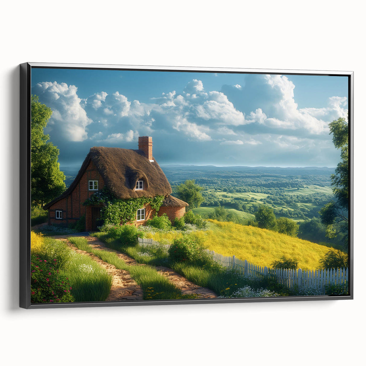 Framed canvas featuring a black and white vintage poster of landscape architecture, ideal for bedroom wall art.