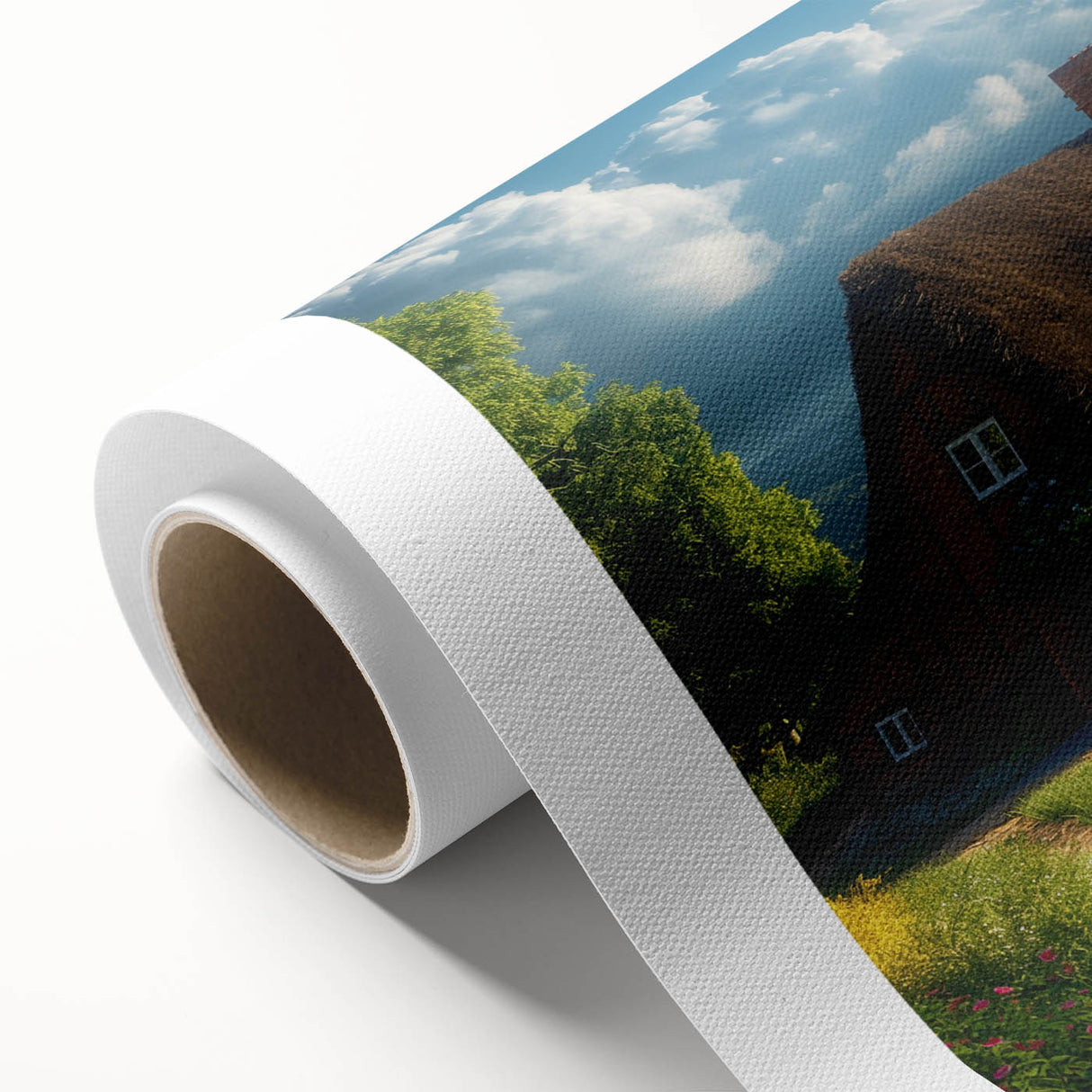 Art Deco poster of stylized houses in muted beige and cream, rolled canvas, ideal for nursery wall art.