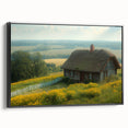 Black and white framed canvas depicting a vintage landscape art painting, suitable for bedroom wall decor.