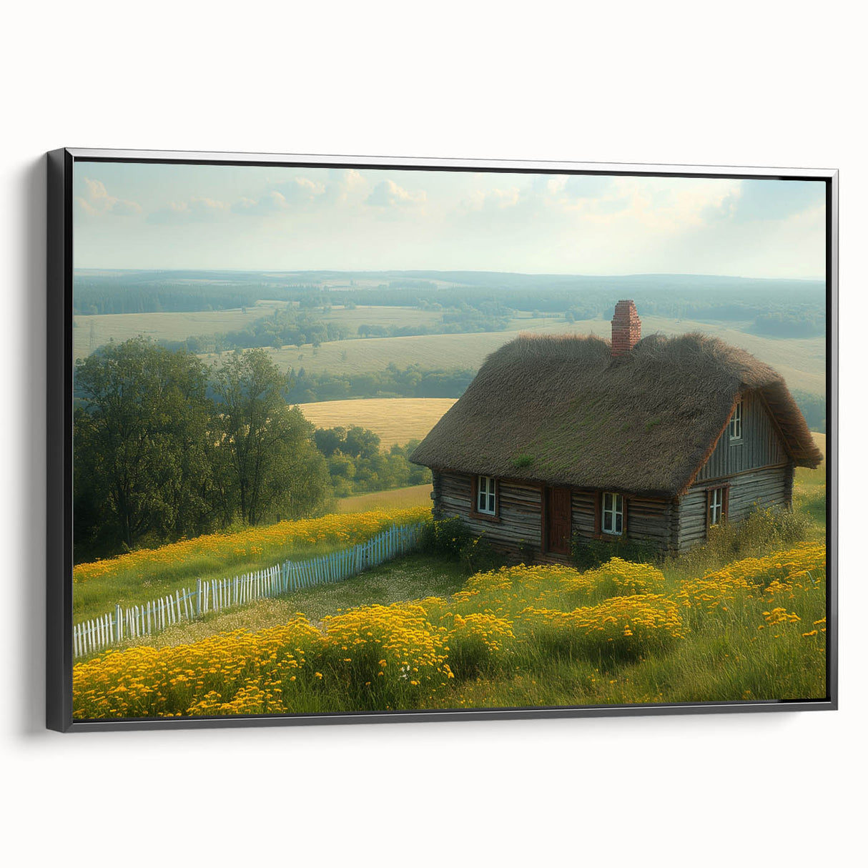 Black and white framed canvas depicting a vintage landscape art painting, suitable for bedroom wall decor.