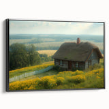 Black and white framed canvas depicting a vintage landscape art painting, suitable for bedroom wall decor.