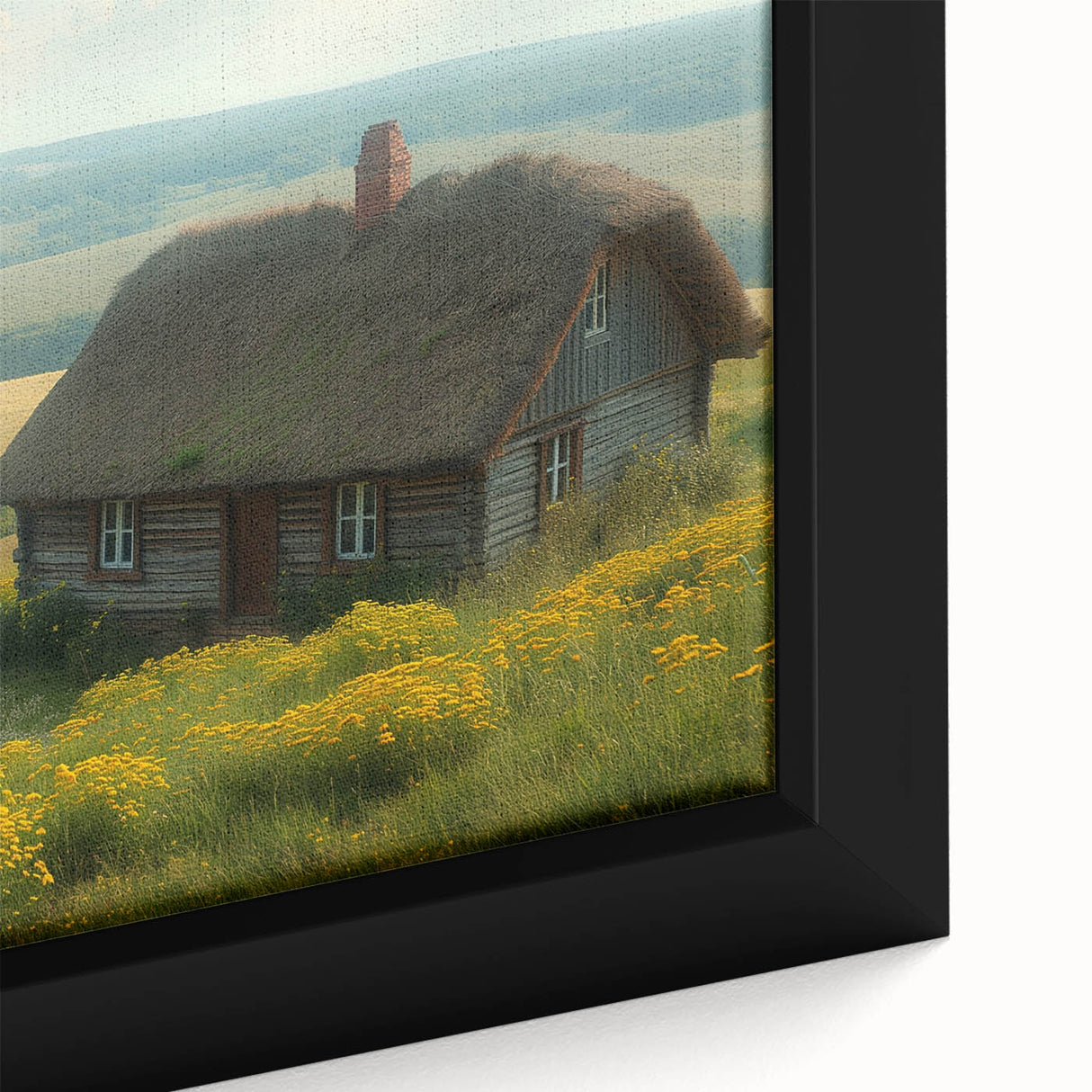 Extra large black wall art on canvas featuring a close-up of vibrant, textured houses, ideal for living room decor.