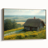 Framed canvas depicting a vintage landscape with houses in muted gold and black tones, suitable for bedroom decor.