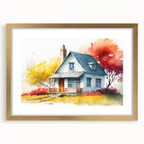 Extra large abstract art print of textured houses in muted earth tones, framed in gold, ideal for living room decor.