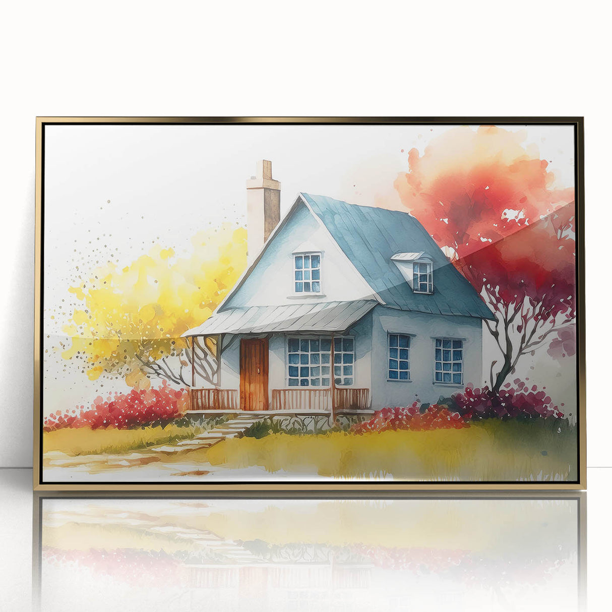 Mid-century modernist art featuring geometric houses in muted earth tones, framed acrylic, ideal for nursery wall decor.