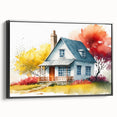 Black and white wall art featuring a vintage poster-style landscape painting on framed canvas, ideal for bedroom decor.