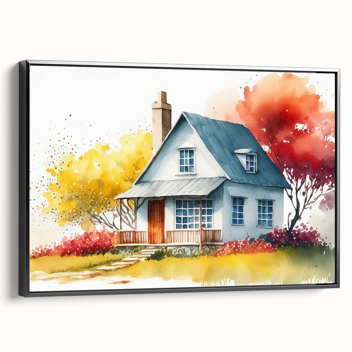 Black and white wall art featuring a vintage poster-style landscape painting on framed canvas, ideal for bedroom decor.