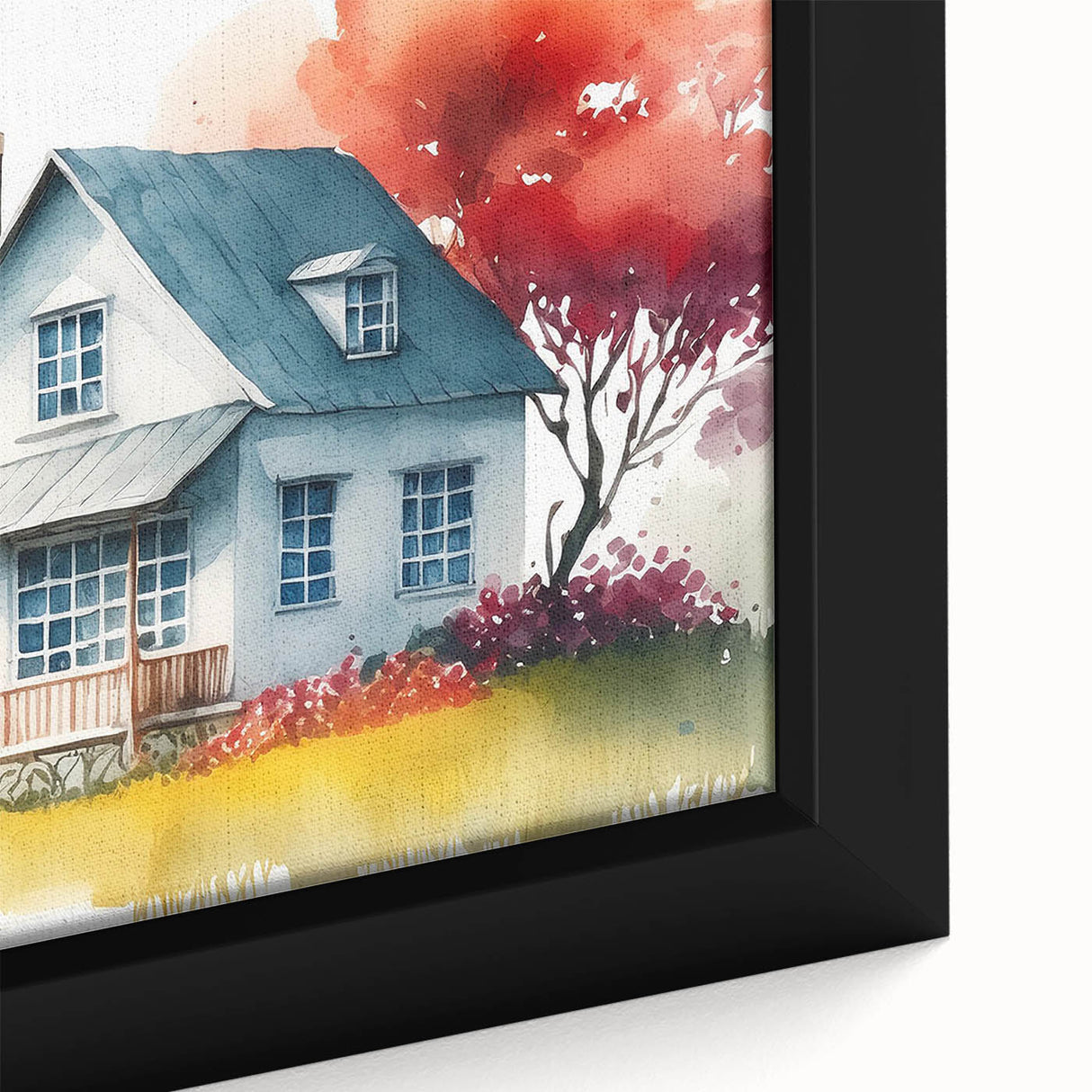Close-up of a black framed canvas featuring a textured collage of colorful house designs.