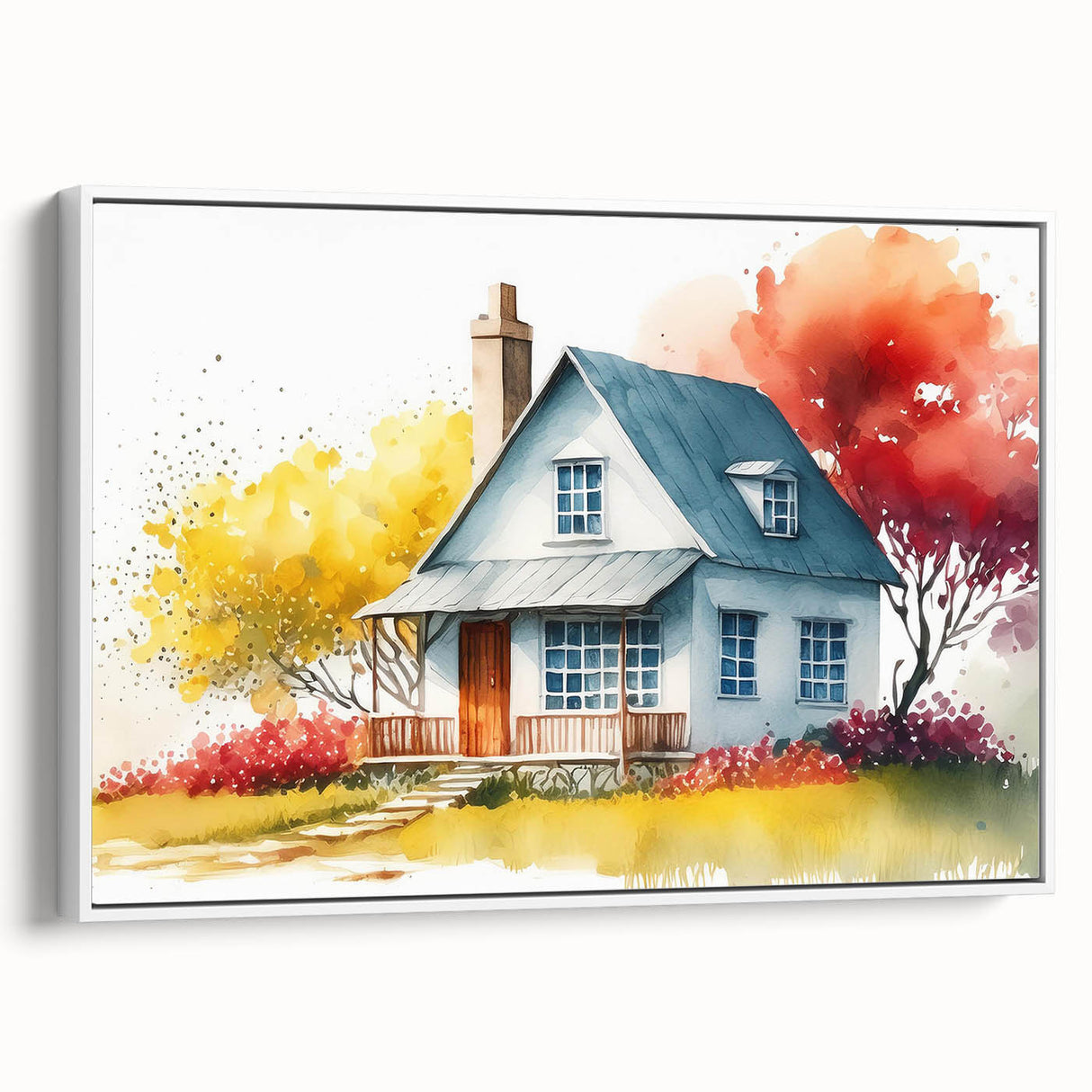 Framed canvas vintage poster art of colorful, stylized houses in a row, ideal for living room decor.