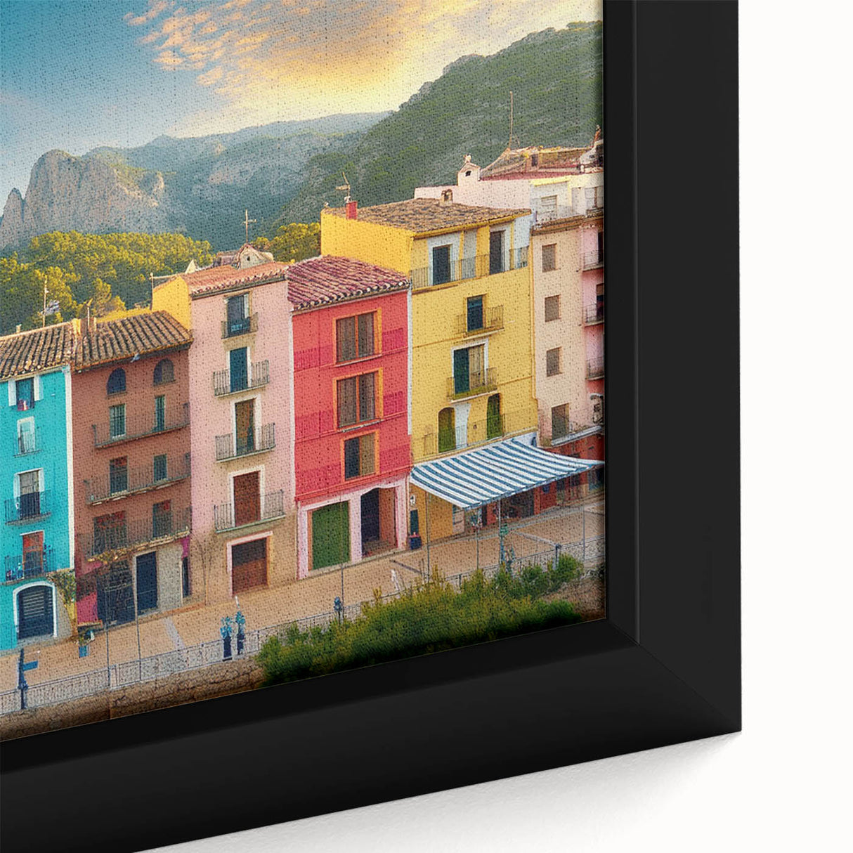Extra large framed canvas featuring textured, colorful abstract design with predominant black tones.