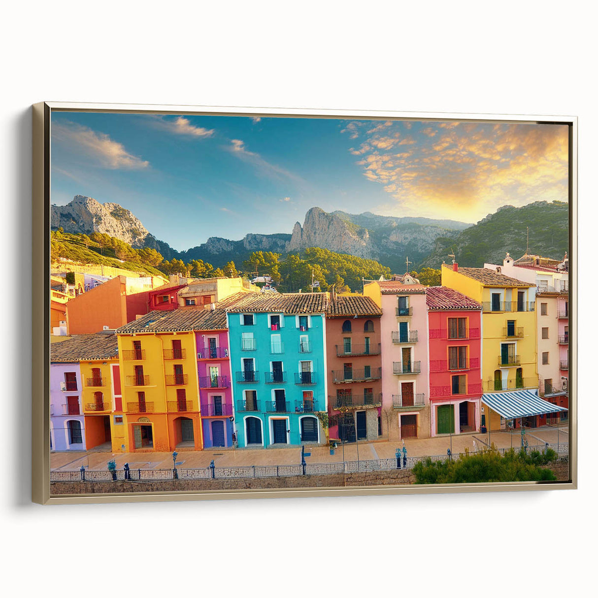 Framed canvas featuring a vintage poster art of architectural houses in black, ideal for bedroom wall art.