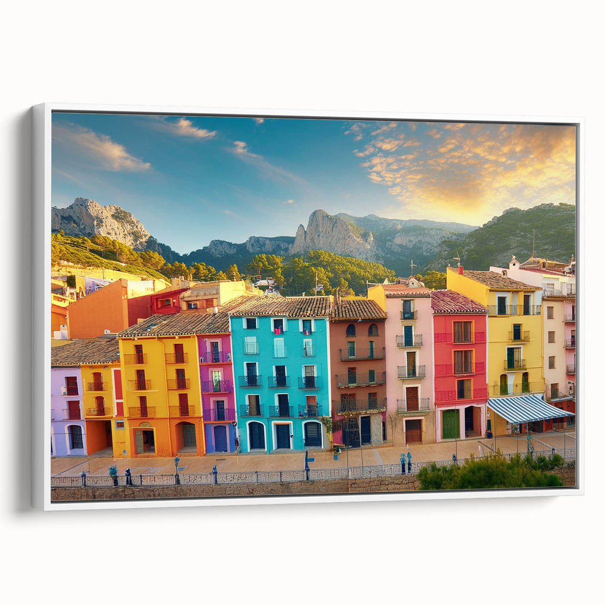 Vintage poster art of colorful houses on a white framed canvas, ideal for extra large living room wall decor.