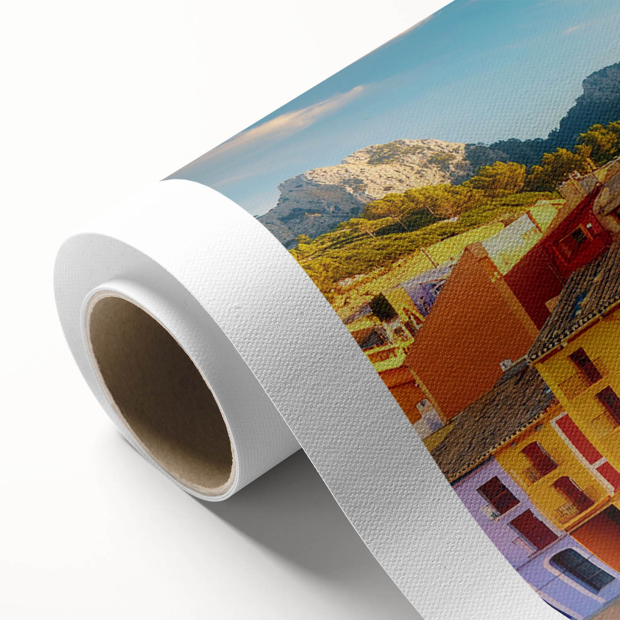 Art Deco poster of stylized buildings in pastel shades on rolled canvas, ideal for nursery wall art.