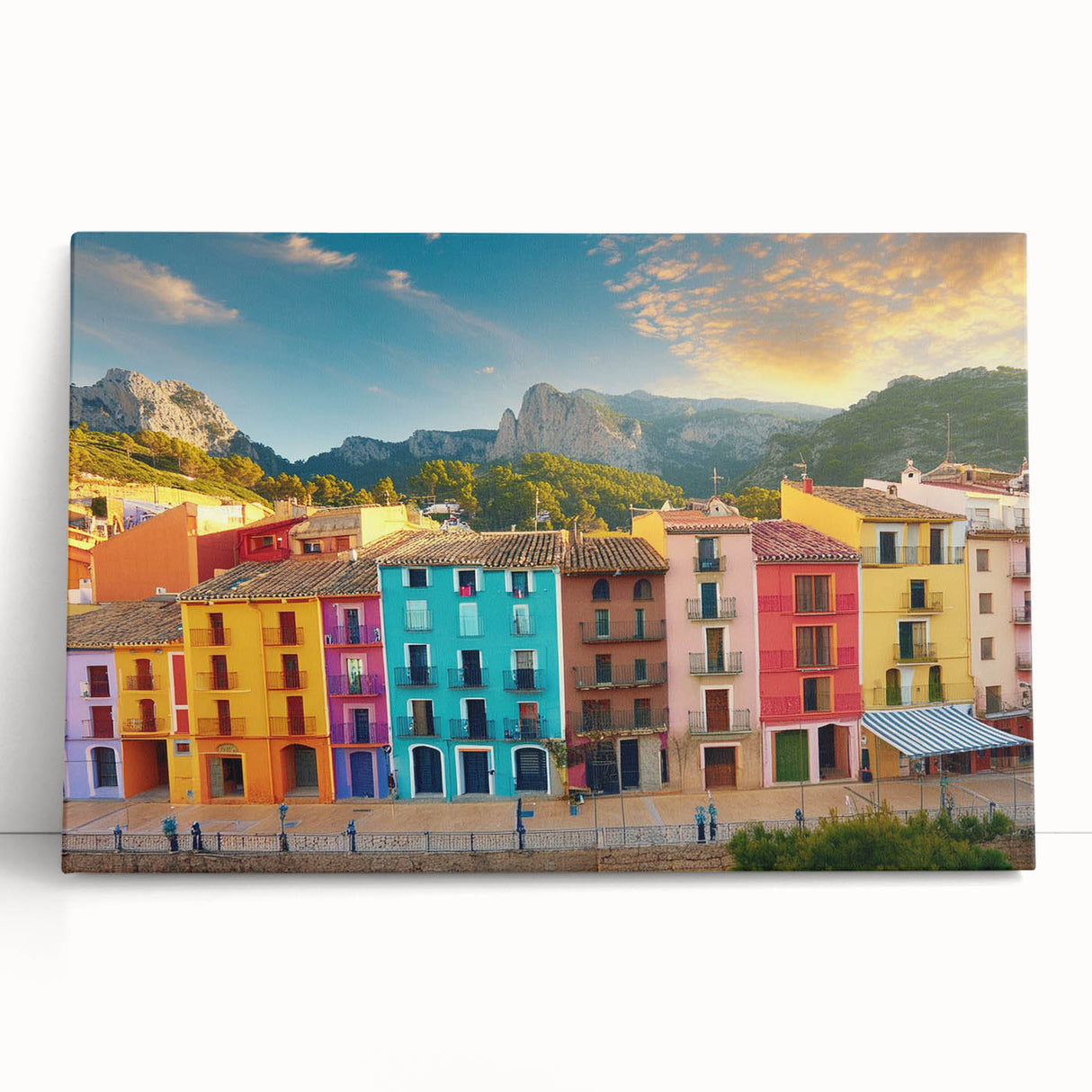 Black and white photo of diverse architectural house designs on a large stretched canvas, ideal for kitchen wall art.