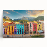 Black and white photo of diverse architectural house designs on a large stretched canvas, ideal for kitchen wall art.