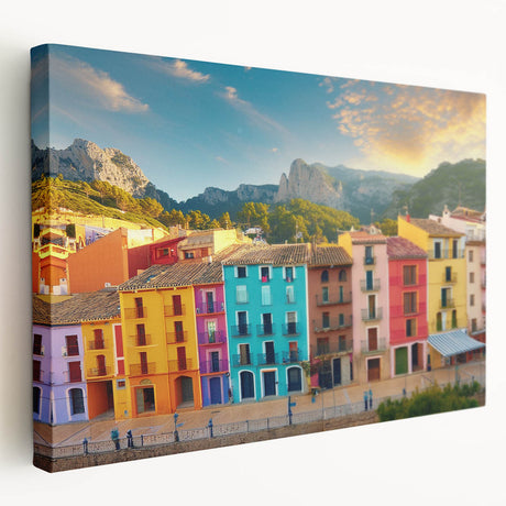 Large art depicting a row of colorful houses in abstract style on a stretched canvas, ideal for kitchen wall decor.