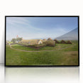 Large abstract wall art featuring geometric shapes in muted earth tones on a framed acrylic.