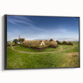 Black and white landscape art painting of vintage houses, framed canvas, ideal for bedroom wall decor.