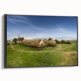 Black and white landscape art painting of vintage houses, framed canvas, ideal for bedroom wall decor.