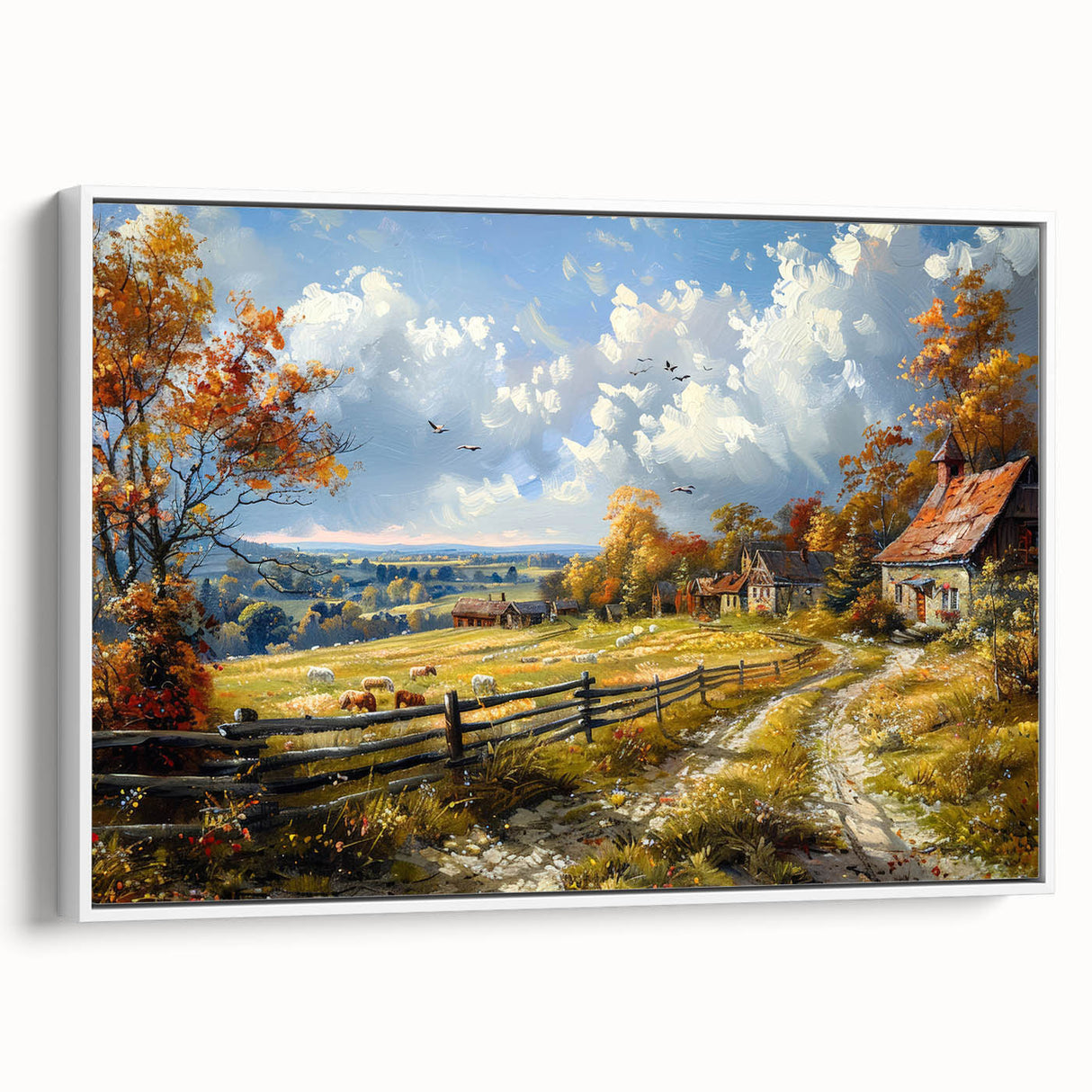 Vintage poster art of colorful houses, printed on a large framed canvas, ideal for living room decor.