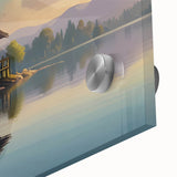 Large abstract wall art featuring mid-century modernist architecture in muted earth tones on acrylic glass.