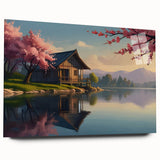 Large abstract wall art on acrylic glass, featuring bold geometric shapes in blue and orange.