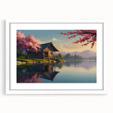 Abstract art print of geometric houses in muted earth tones, framed with a white mat.