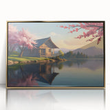 Mid-century modernist architecture with gold and white hues on a framed acrylic, ideal for modern art wall decor.